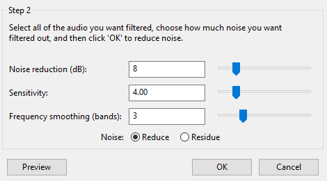 noise reduction dialogue box with editing options