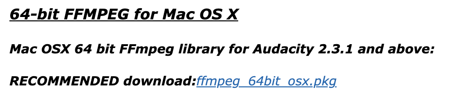 screenshot of where on the webpage to locate the FFmpeg installer for mac