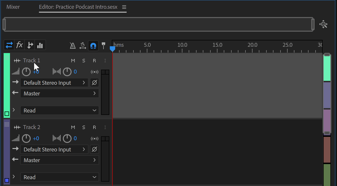 gif showing how to rename tracks in the editor panel to 'voiceover' and 'background music'