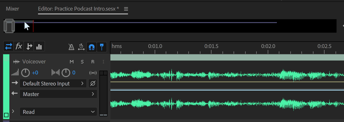 gif showing how to move to different parts of audio while zoomed in using the top bar of the editor panel