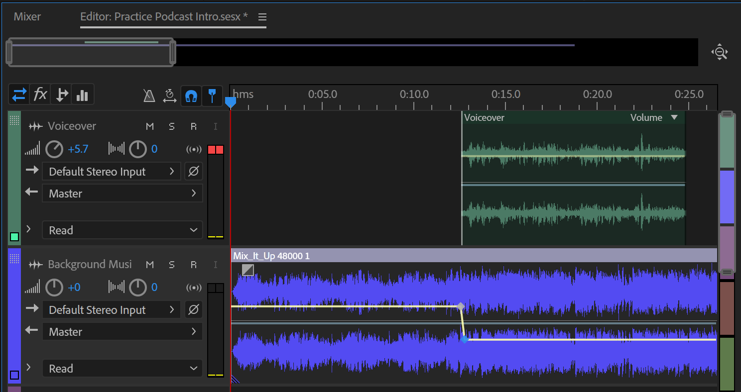 screenshot of how the audio clips and their volumes should be arranged