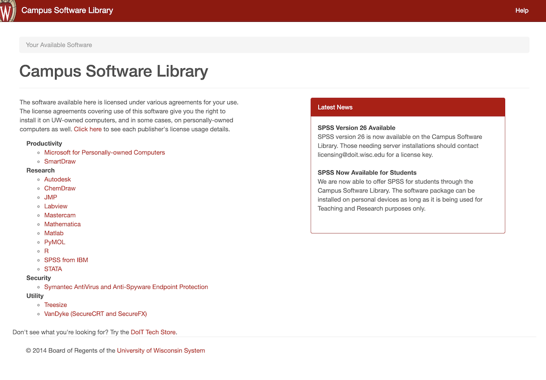 Screenshot of the UW Software Catalog