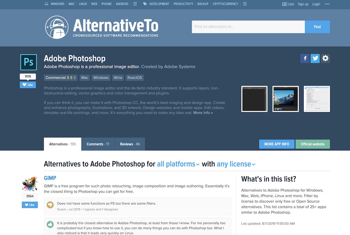 AlternativeTo interface showing alternatives to Adobe Photoshop