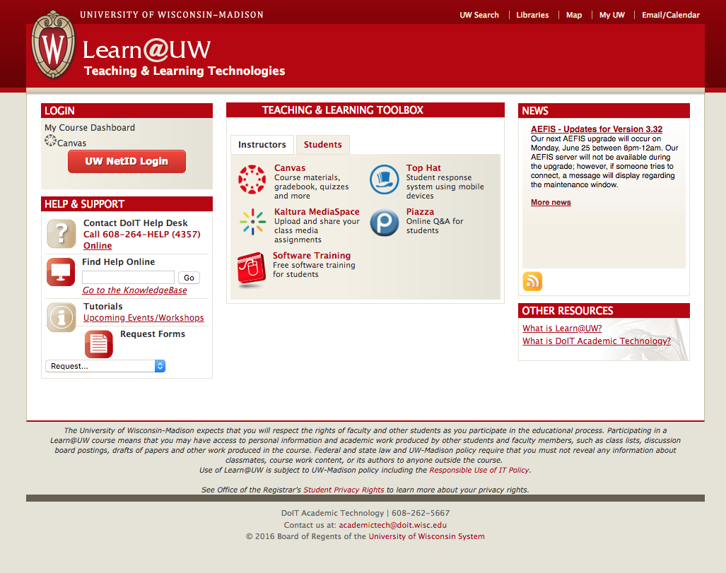 Screenshot of Learn@UW homepage