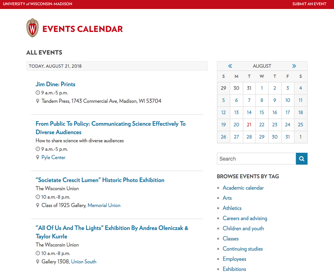Screenshot of UW Events Calendar