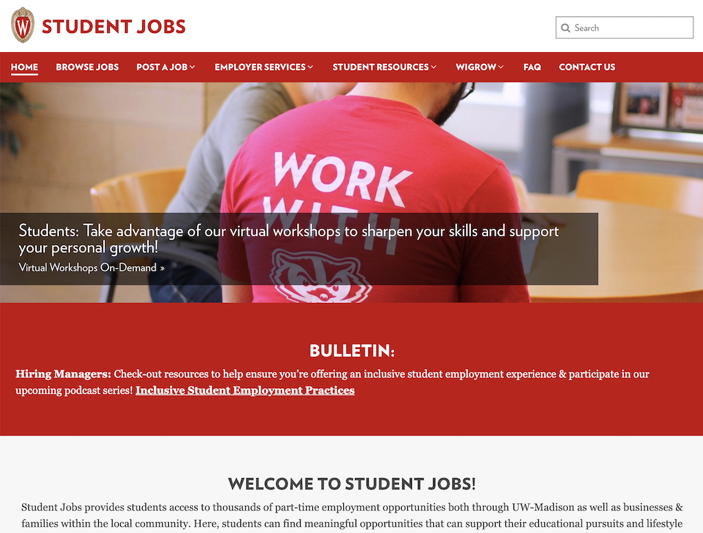 Screenshot of the Student Job homepage