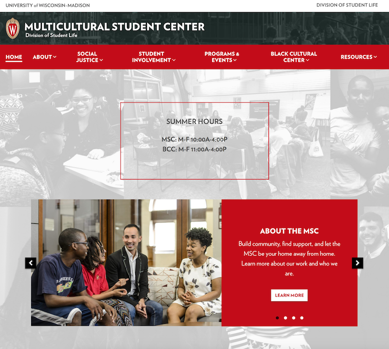 Screenshot from the Multicultural Student homepage