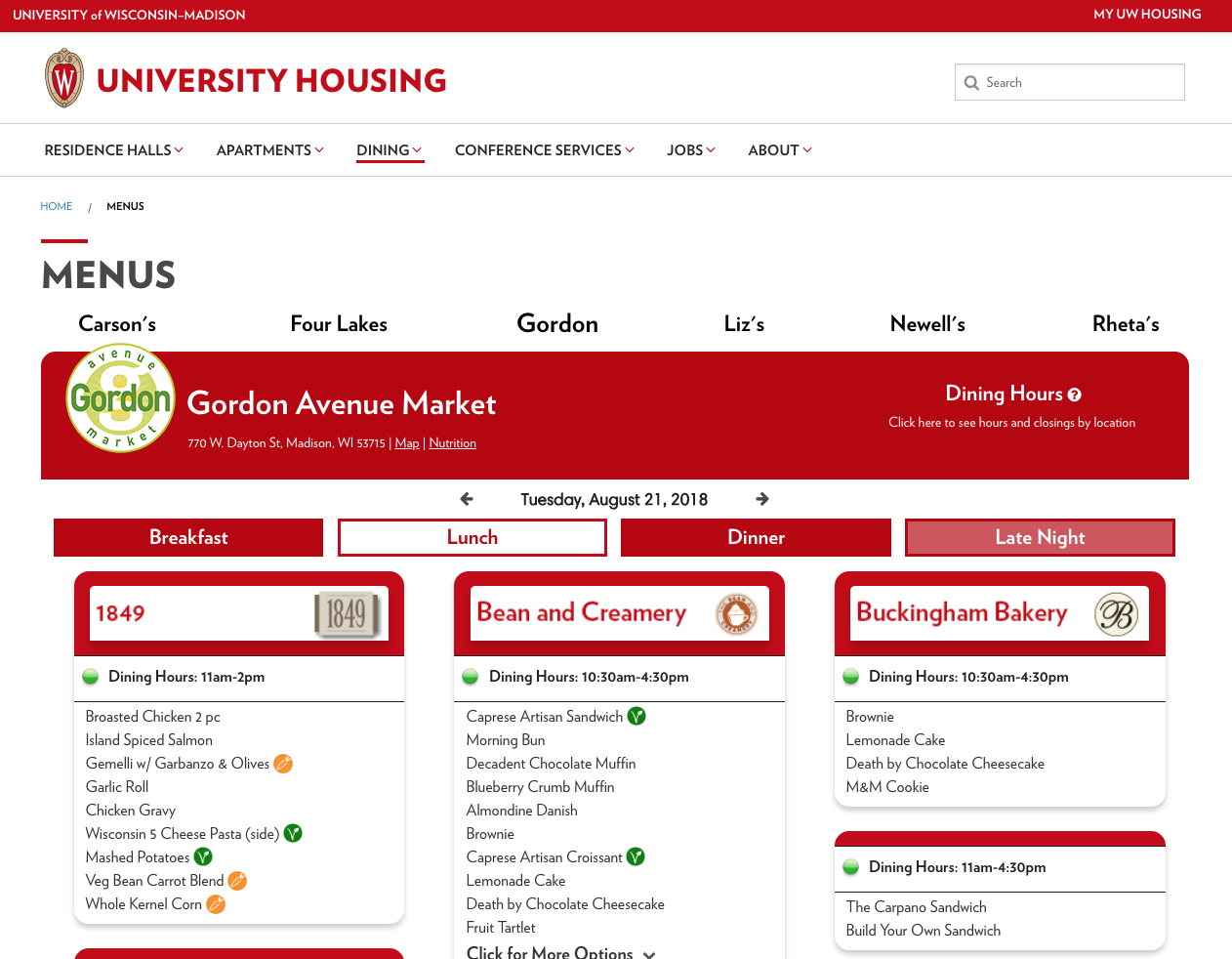 Screenshot of the Dining Hall Menus site