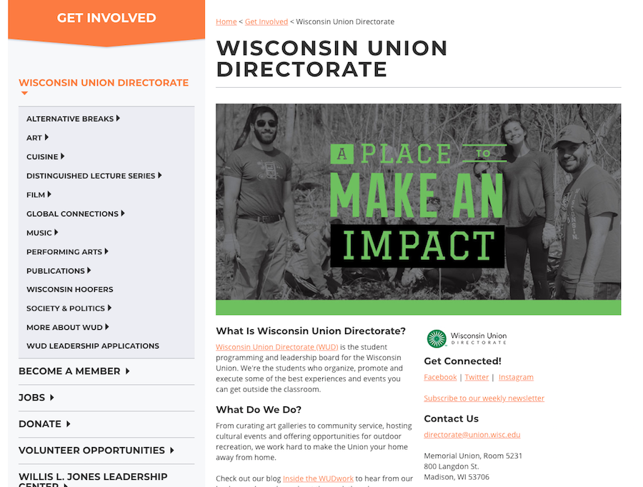 Screenshot of the Wisconsin Union Directorate homepage