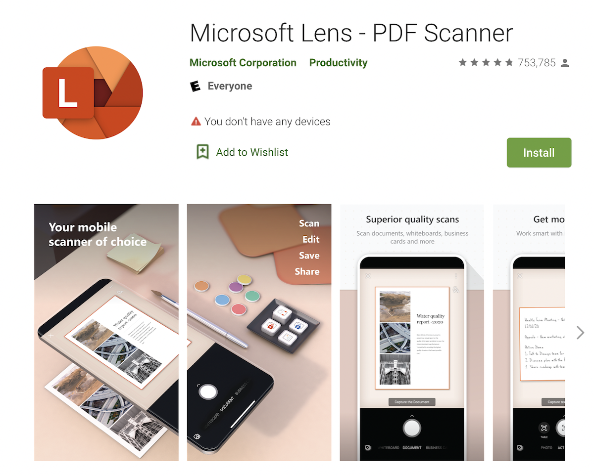 Screenshot of MS Lens on Google Play store