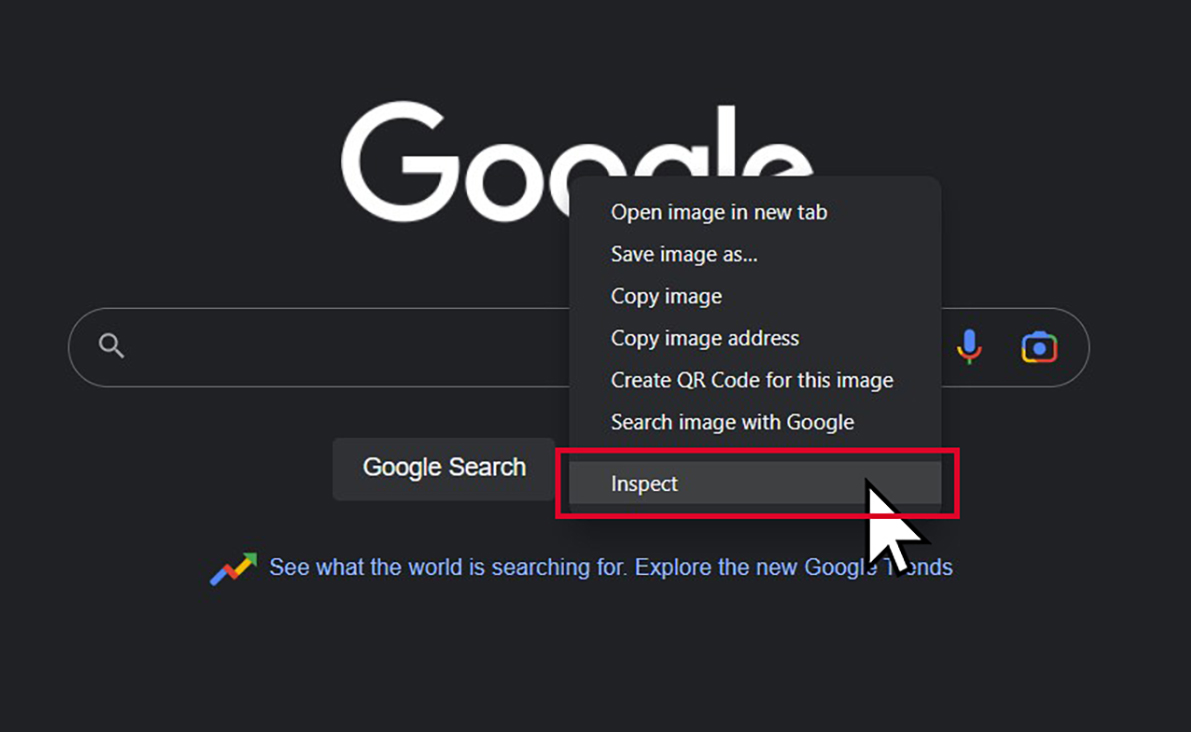 A screenshot showing how to inspect the webpage code.