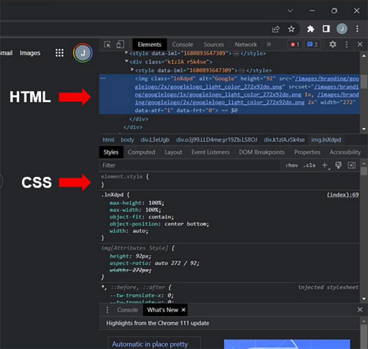 A screenshot showing the section containing HTML code versus the section containing CSS code.