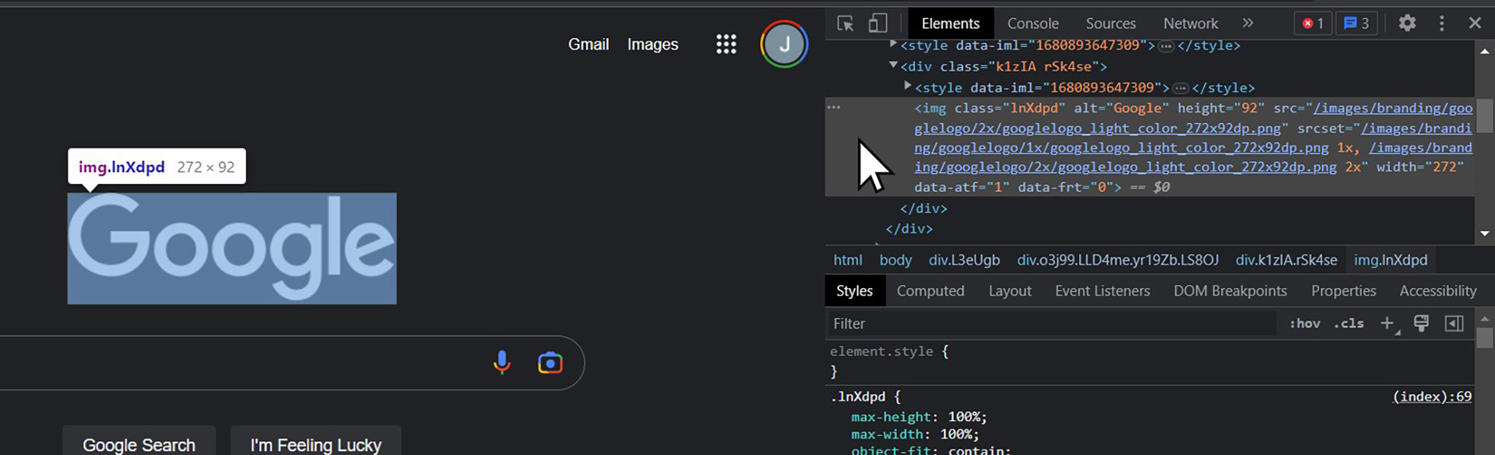 A screenshot showing how hovering over the code for the Google logo highlights the Google logo on the webpage.