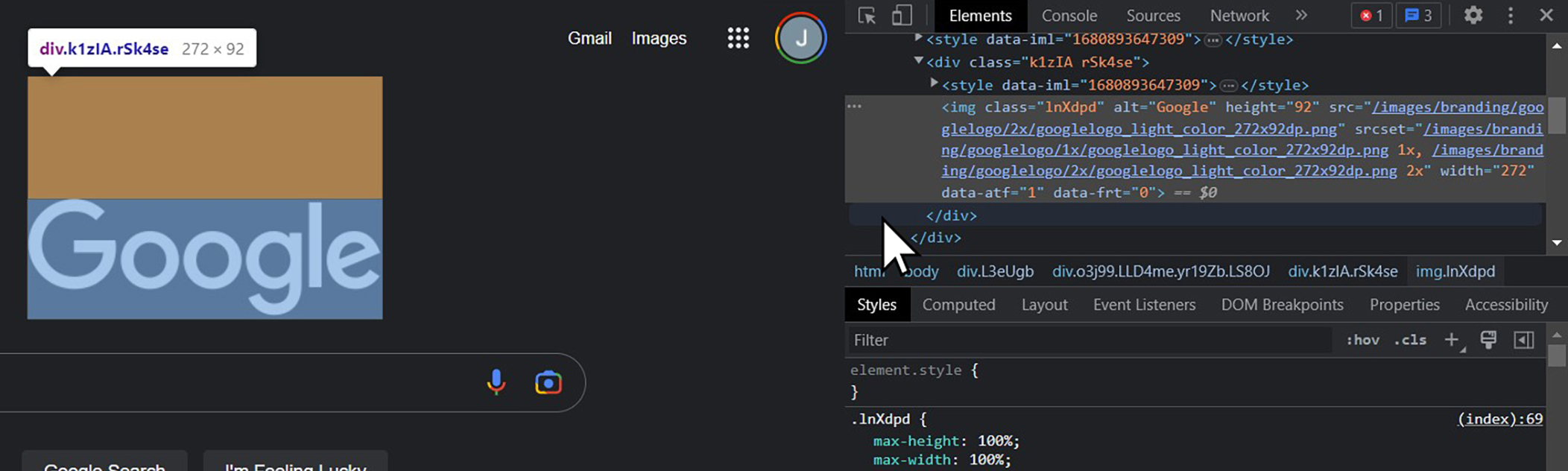 A screenshot showing how hovering over the code for a different section of the webpage highlights that different section of the webpage.