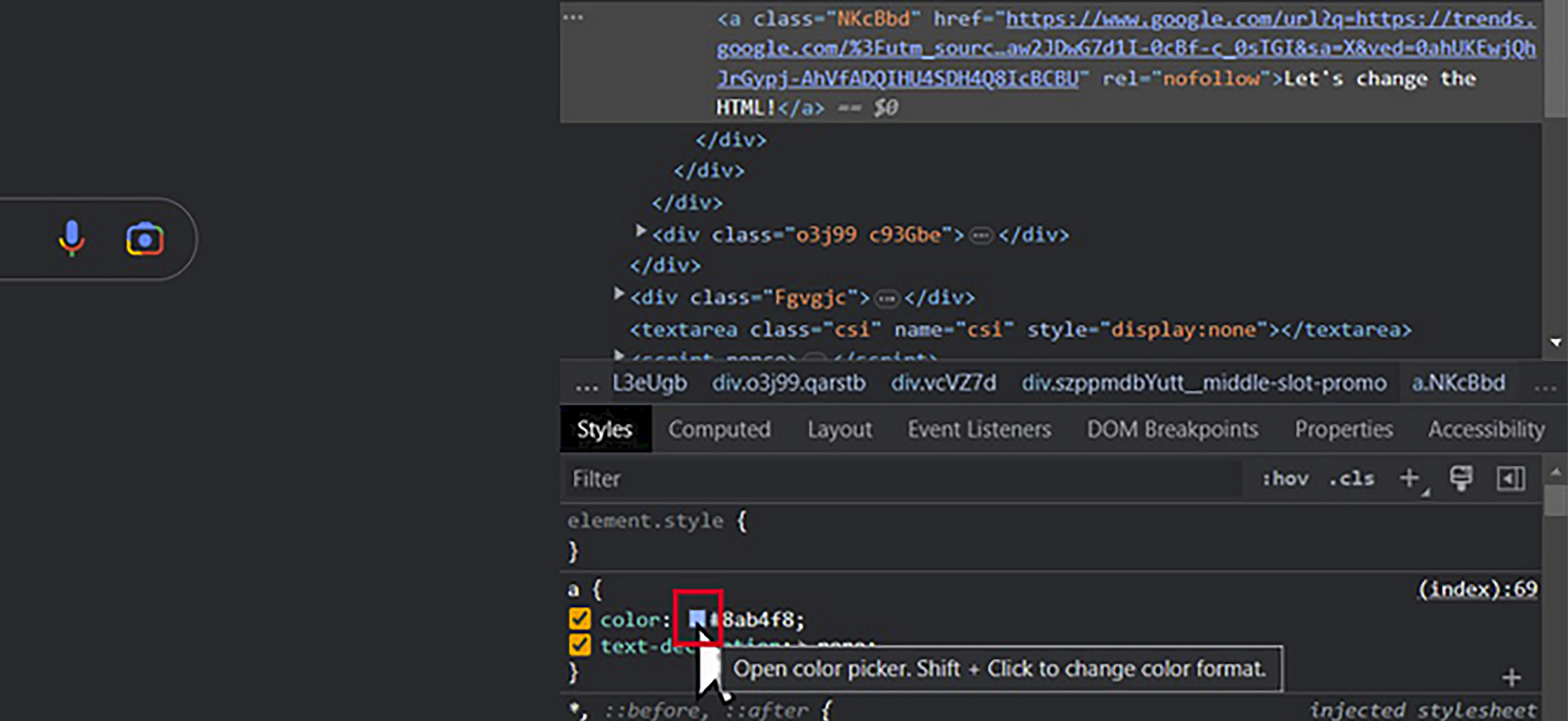 A screenshot showing how to navigate to the CSS section of code and click on the box which allows us to change the color of the text.