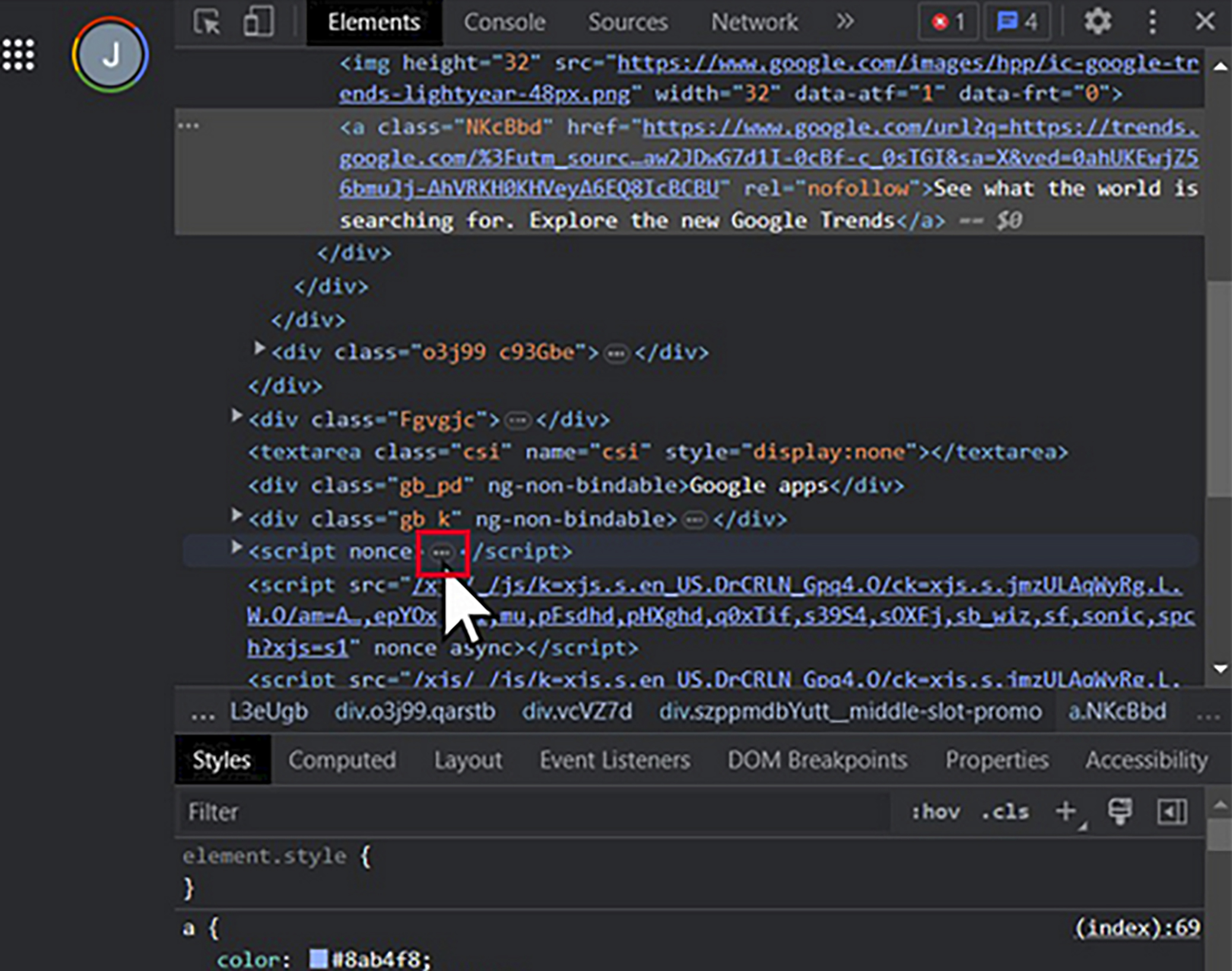 A screenshot showing how to open the JavaScript code for the webpage.