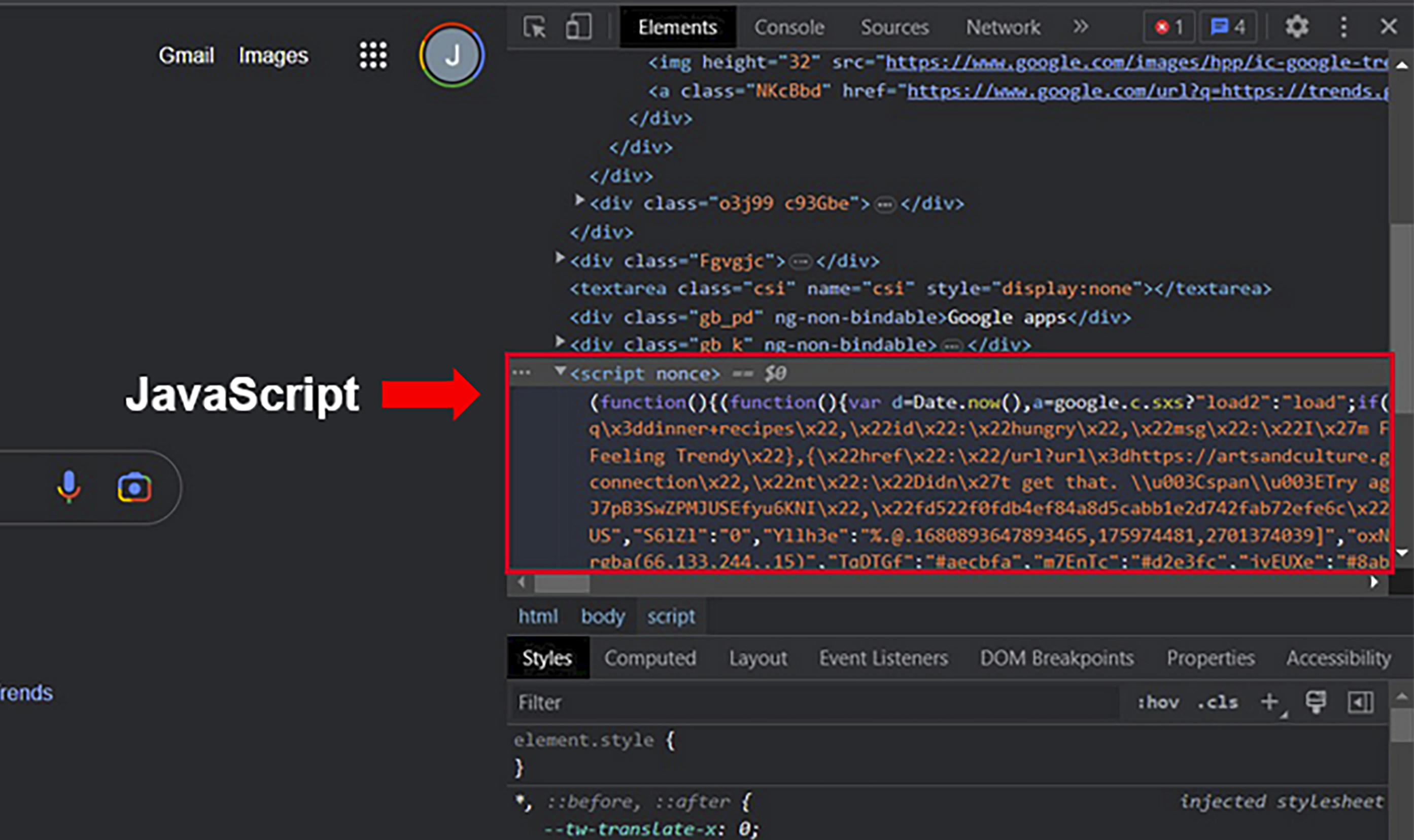 A screenshot showing the JavaScript code for the webpage.