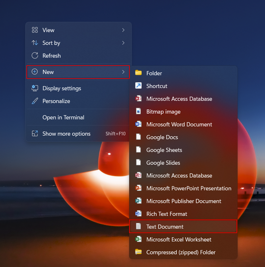 A screenshot showing how to create a new text document on a Windows computer.