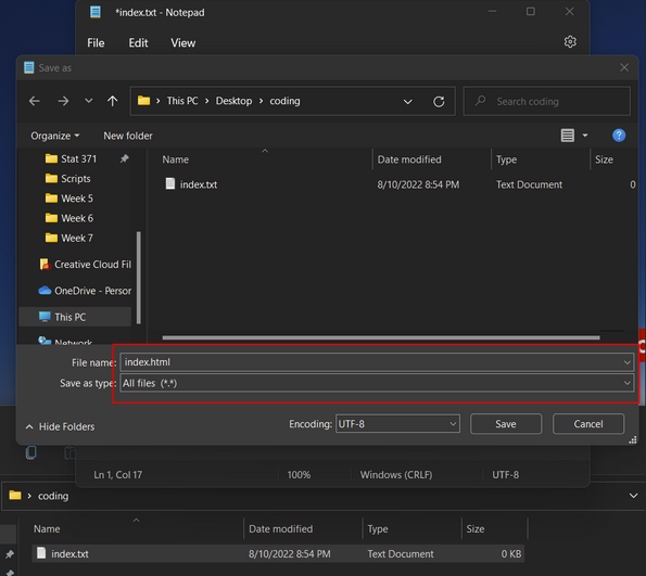 A screenshot showing how to save a text file with the .html tag to transform it into an HTML file.