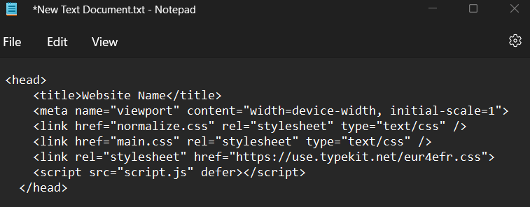 A screenshot how HTML code looks in the default Windows text editor.