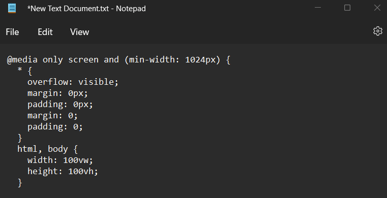 A screenshot how CSS code looks in the default Windows text editor.