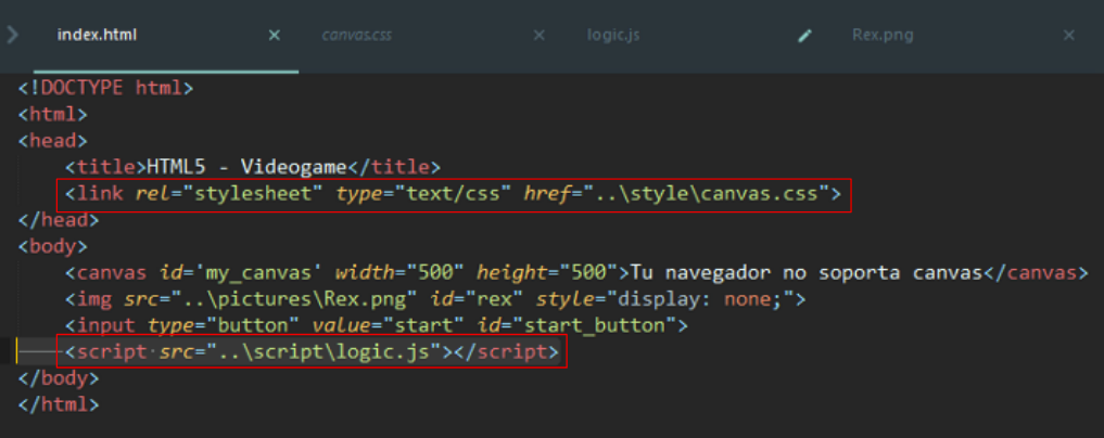 A screenshot how an HTML file is linked to CSS and JS files by adding lines of code.