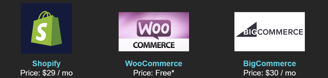A graphic showing a few different shop platform options: Shopify, WooCommerce, and BigCommerece.
