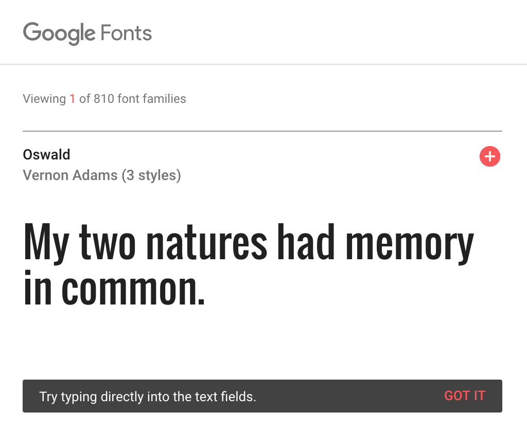 The Google Fonts interface showing a font being selected