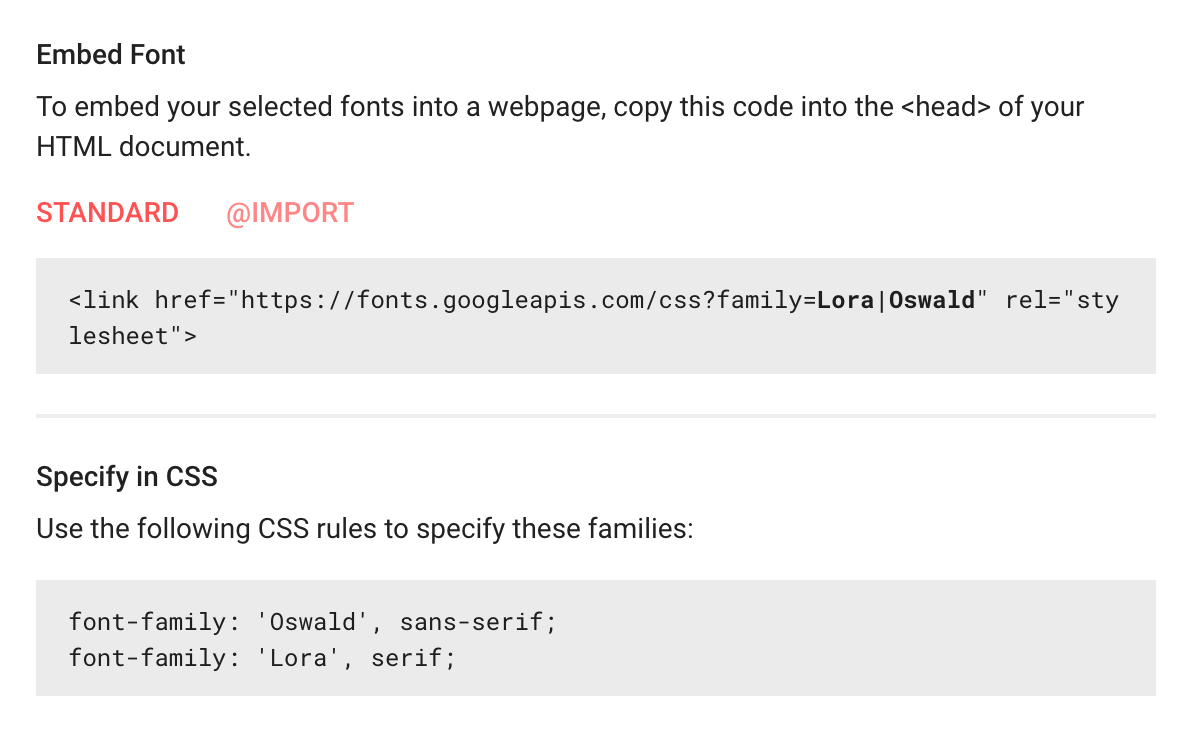 Screenshot showing the Google Fonts embed code in use