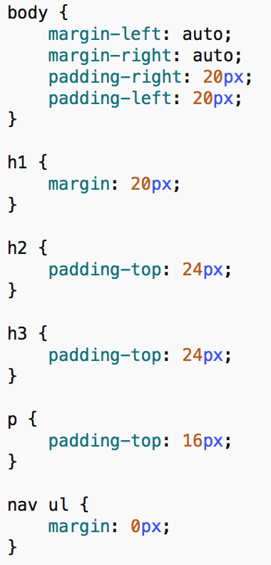 Margin and padding settings on various elements in CSS