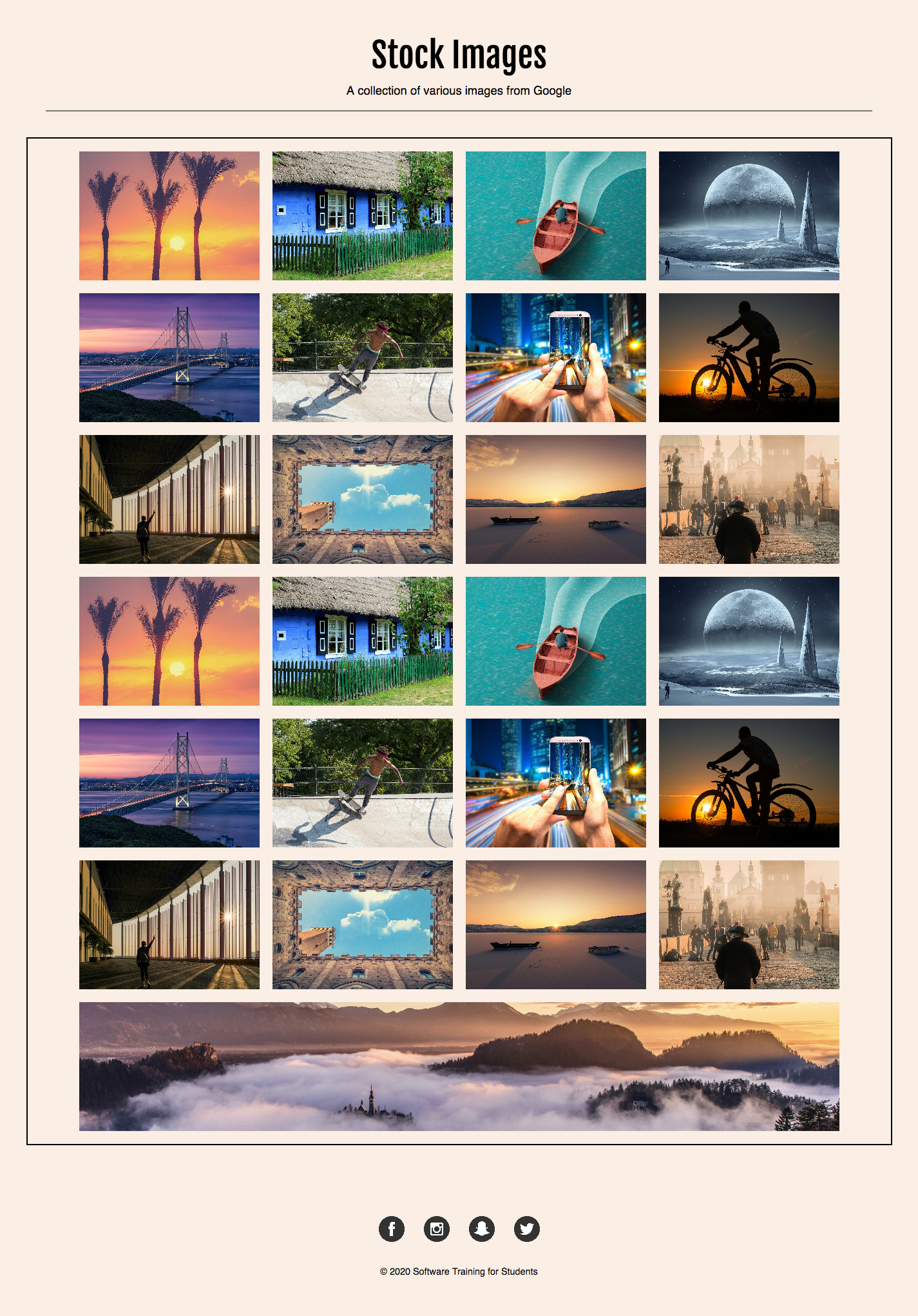 Website where we define the bottom row to consist of one panoramic image that takes up all four columns