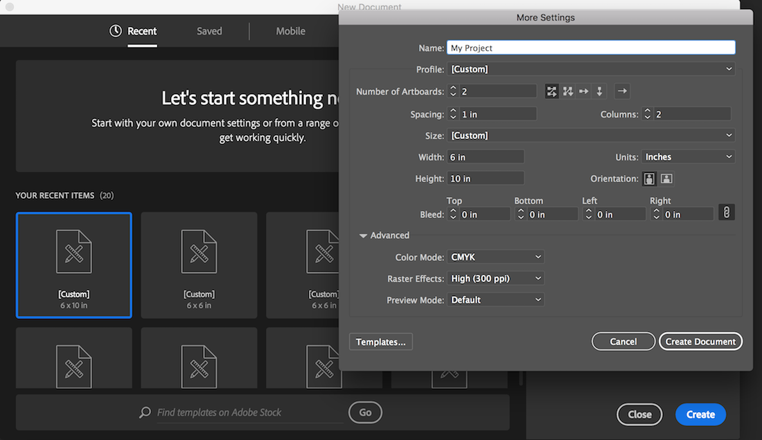 The New Document window with the More Options button selected
