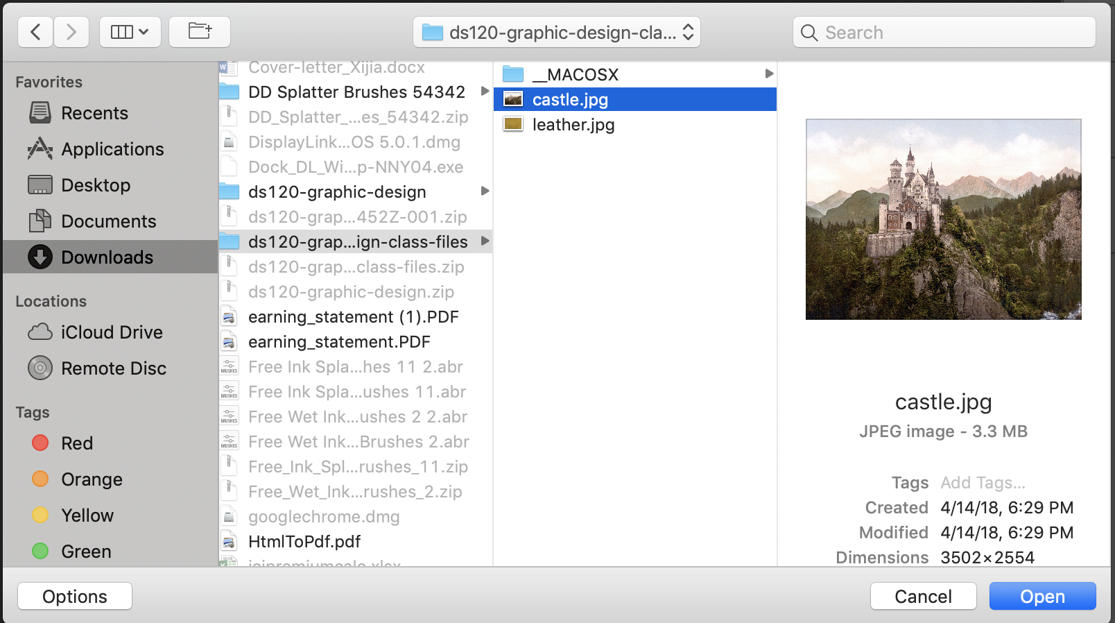 locating the castle.jpg file in finder