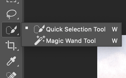 picture showing the hidden Quick Selection tool under the Magic Wand tool