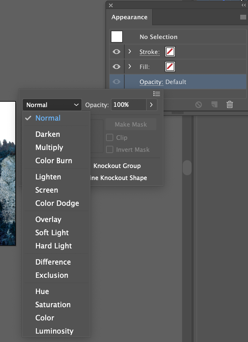 Appearance panel opened to display blend mode options