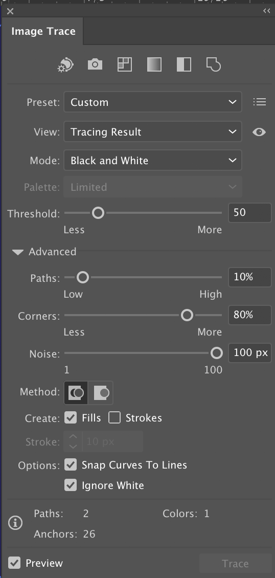 image trace panel settings