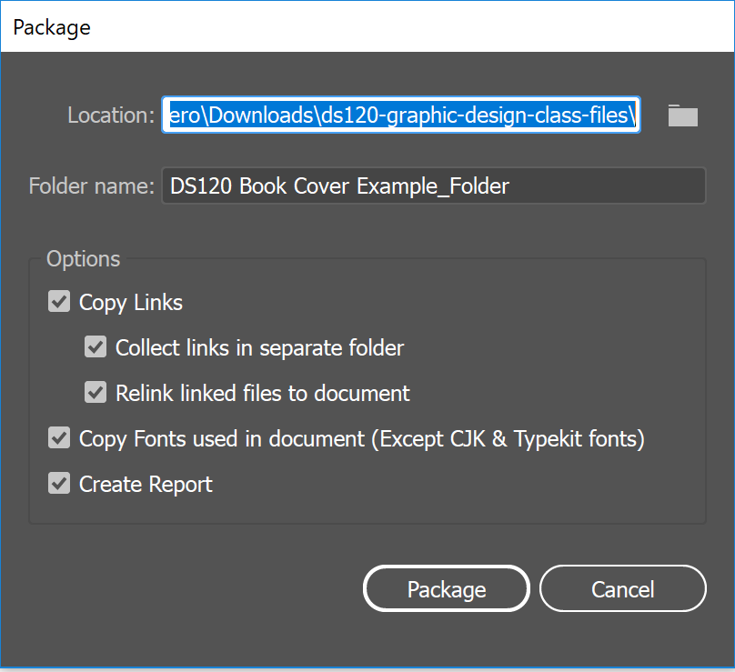 Package dialogue box