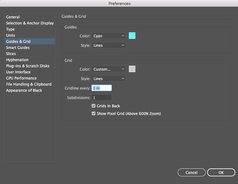 Preferences panel in Illustrator