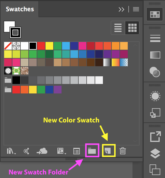 The Swatch panel in Illustrator, with arrows pointing at the New Color Swatch and New Swatch Folder buttons
