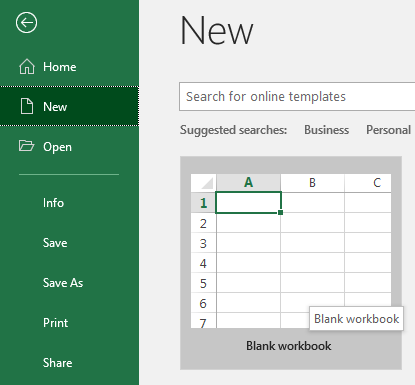 Blank worksheet option in file tab of Excel