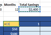 Guess cell with formula to reference total savings cell