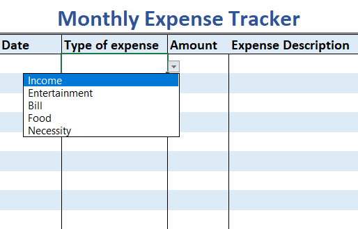 Drop-down list in expenses column of table