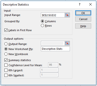 Filled out Descriptive Statistics options screen
