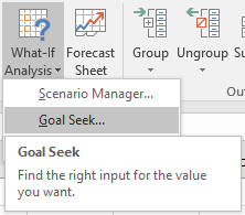 Location of Goal Seek tool under What-If Analysis drop-down menu