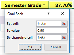 Filled out Goal Seek tool options