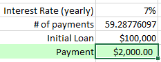 # of payments cell with new calculated value of 59.3
