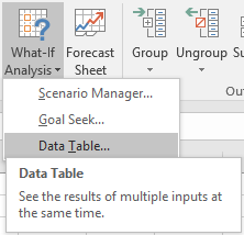 Location of Data Table option under What-If Analysis drop-down menu