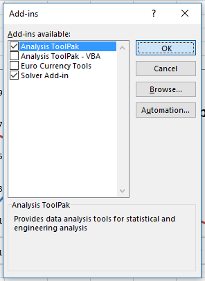 Add-ins management screen with Analysis ToolPak and Solver Add-in checked