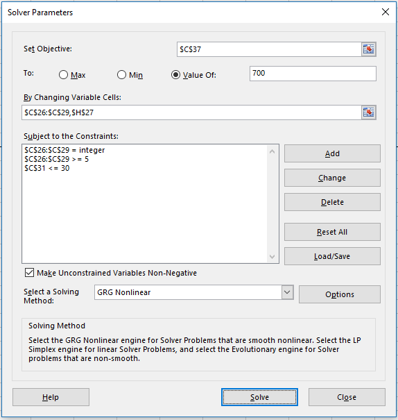 Completed Solver Parameters screen
