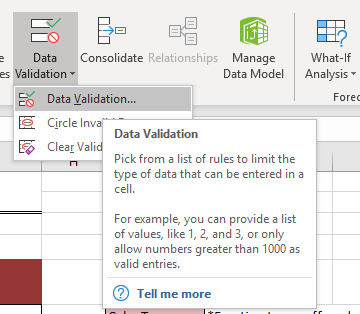 Location of Data Validation tool in the Excel ribbon